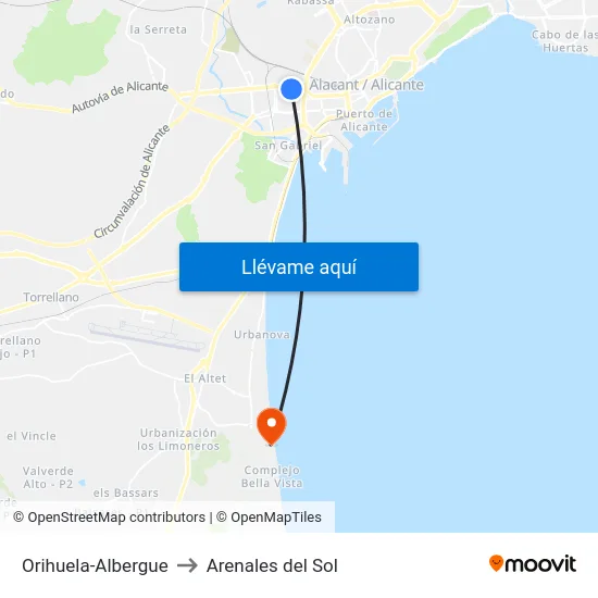 Orihuela-Albergue to Arenales del Sol map