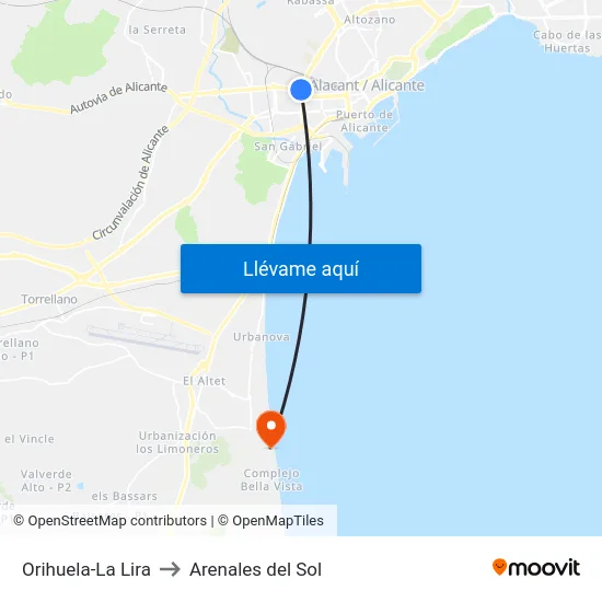 Orihuela-La Lira to Arenales del Sol map