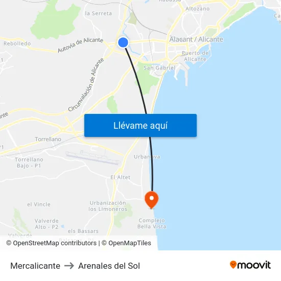 Mercalicante to Arenales del Sol map