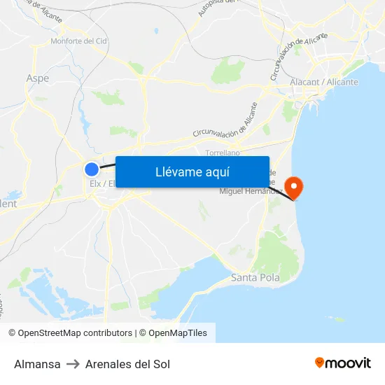Almansa to Arenales del Sol map