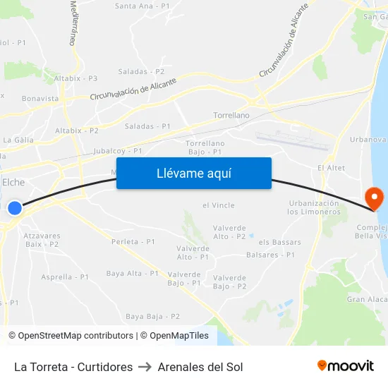 La Torreta - Curtidores to Arenales del Sol map