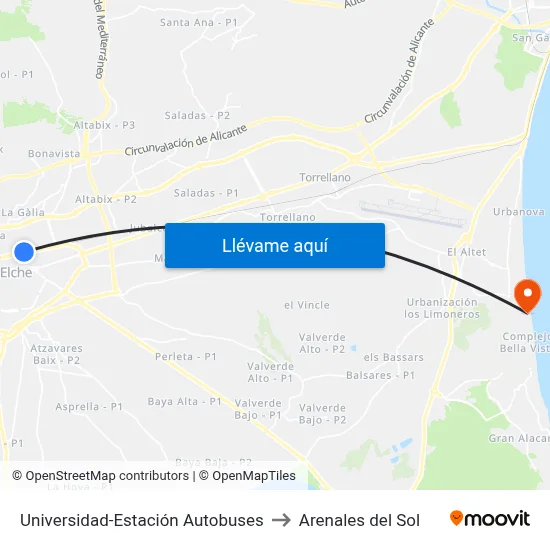 Universidad-Estación Autobuses to Arenales del Sol map