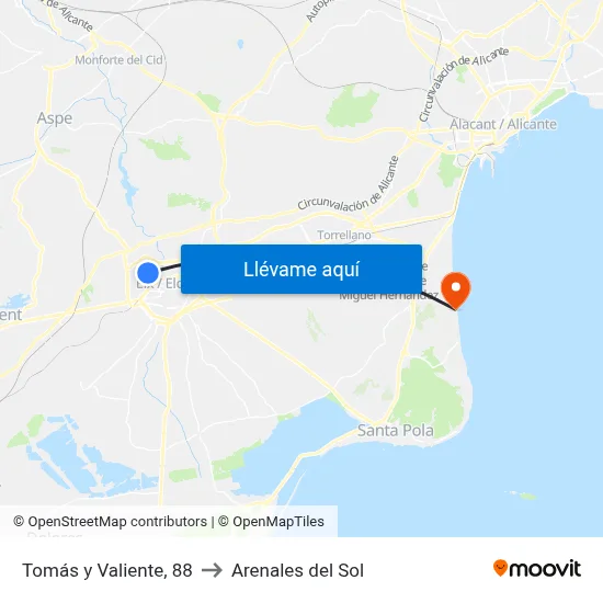 Tomás y Valiente, 88 to Arenales del Sol map