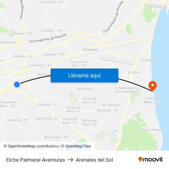 Elche Palmeral Aventuras to Arenales del Sol map