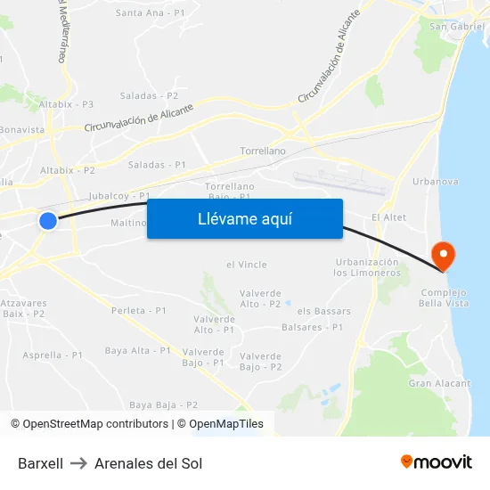 Barxell to Arenales del Sol map