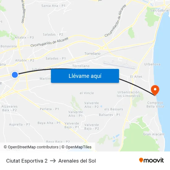 Ciutat Esportiva 2 to Arenales del Sol map