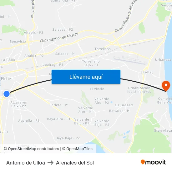 Antonio de Ulloa to Arenales del Sol map