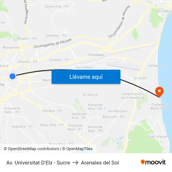 Av. Universitat D'Elx - Sucre to Arenales del Sol map