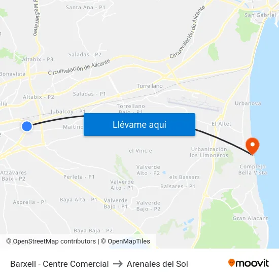 Barxell - Centre Comercial to Arenales del Sol map