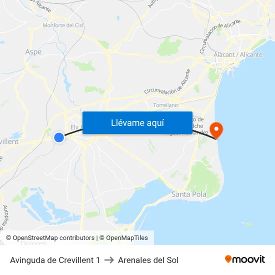 Avinguda de Crevillent 1 to Arenales del Sol map