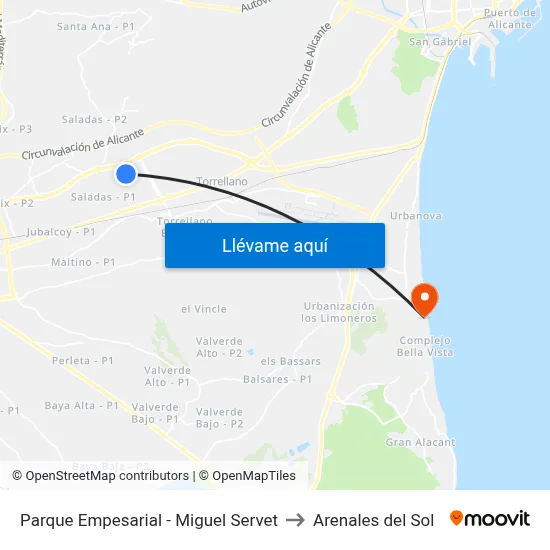Parque Empesarial - Miguel Servet to Arenales del Sol map