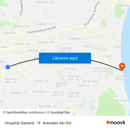 Hospital General to Arenales del Sol map