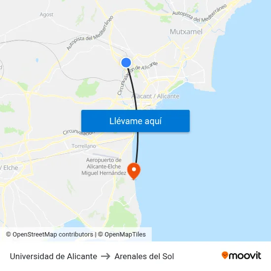 Universidad de Alicante to Arenales del Sol map