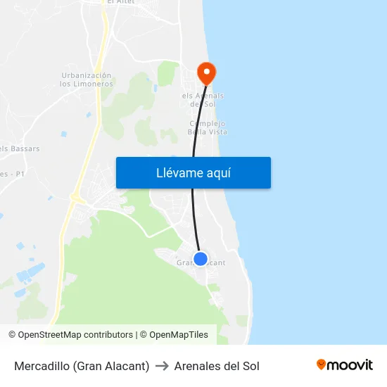 Mercadillo (Gran Alacant) to Arenales del Sol map