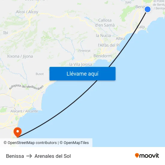 Benissa to Arenales del Sol map