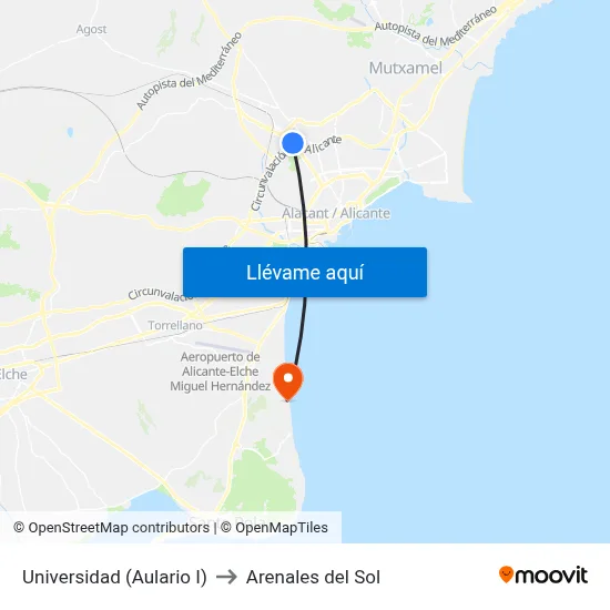 Universidad (Aulario I) to Arenales del Sol map