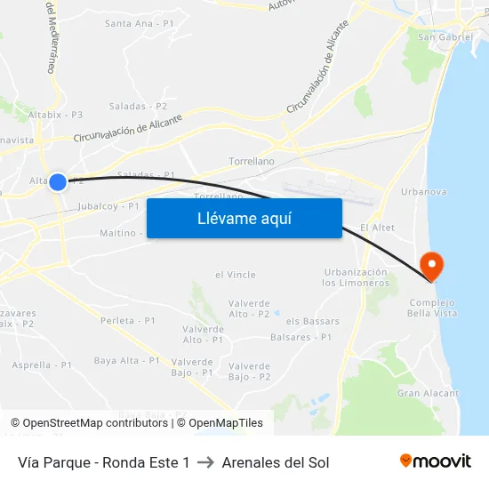 Vía Parque - Ronda Este 1 to Arenales del Sol map