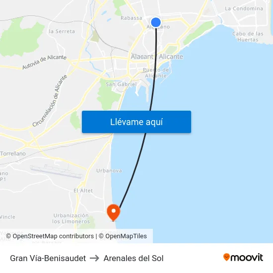 Gran Vía-Benisaudet to Arenales del Sol map