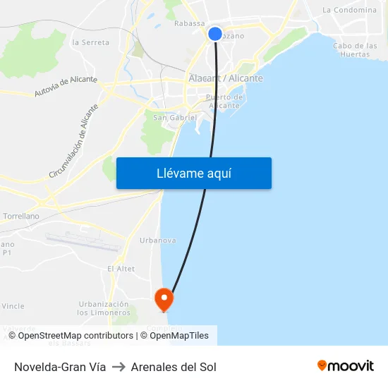 Novelda-Gran Vía to Arenales del Sol map