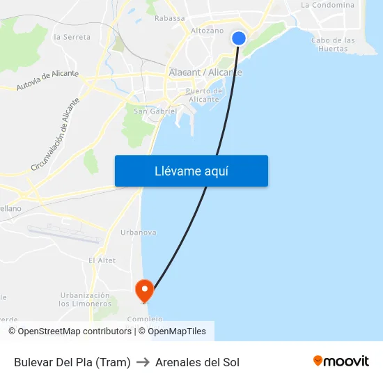 Bulevar Del Pla (Tram) to Arenales del Sol map