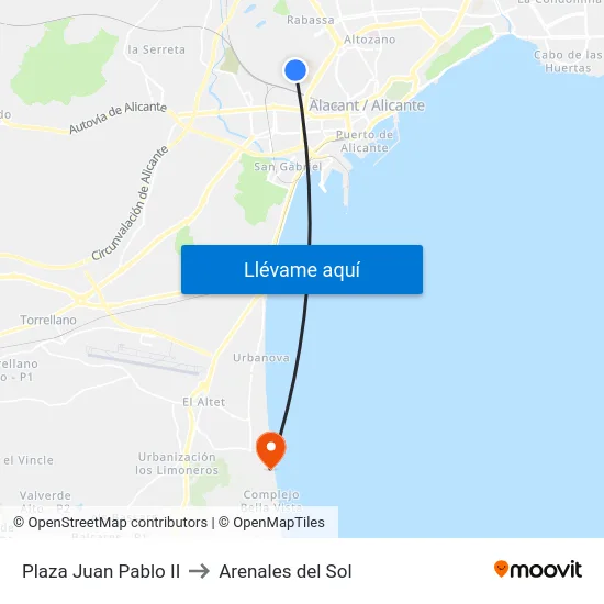 Plaza Juan Pablo II to Arenales del Sol map