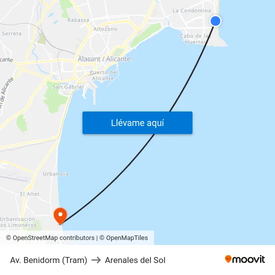 Av. Benidorm (Tram) to Arenales del Sol map