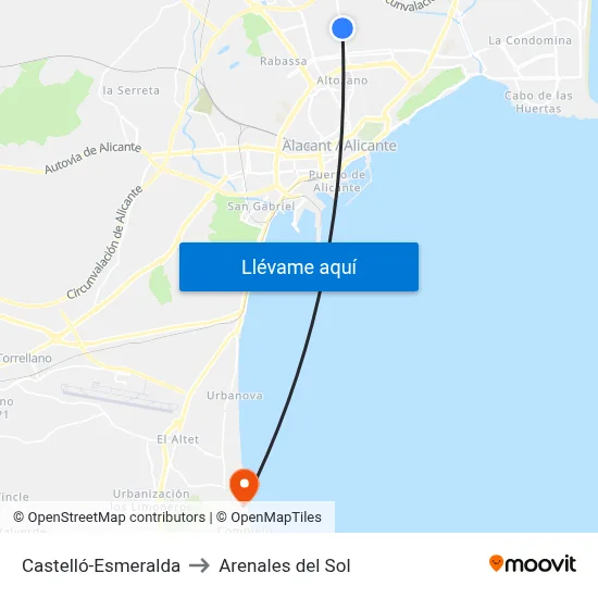 Castelló-Esmeralda to Arenales del Sol map