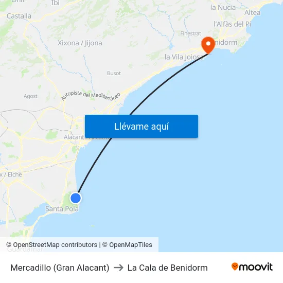 Mercadillo (Gran Alacant) to La Cala de Benidorm map