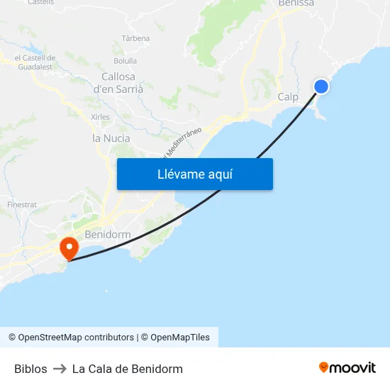 Biblos to La Cala de Benidorm map