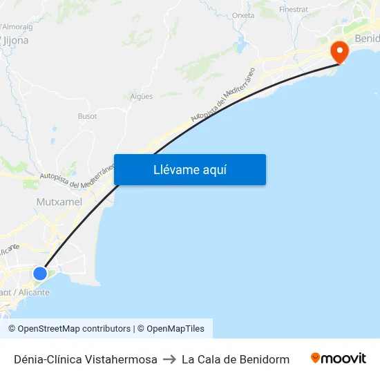 Dénia-Clínica Vistahermosa to La Cala de Benidorm map