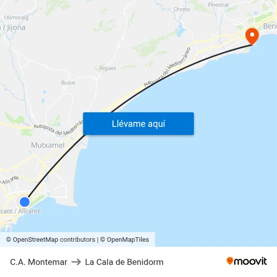C.A. Montemar to La Cala de Benidorm map