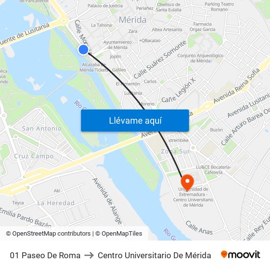 01 Paseo De Roma to Centro Universitario De Mérida map