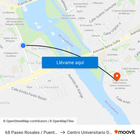 68 Paseo Rosales / Puente Romano to Centro Universitario De Mérida map