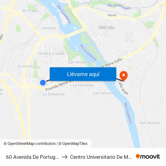 60 Avenida De Portugal, 7 to Centro Universitario De Mérida map