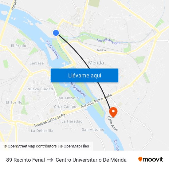89 Recinto Ferial to Centro Universitario De Mérida map