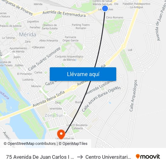 75 Avenida De Juan Carlos I / Circo Romano to Centro Universitario De Mérida map