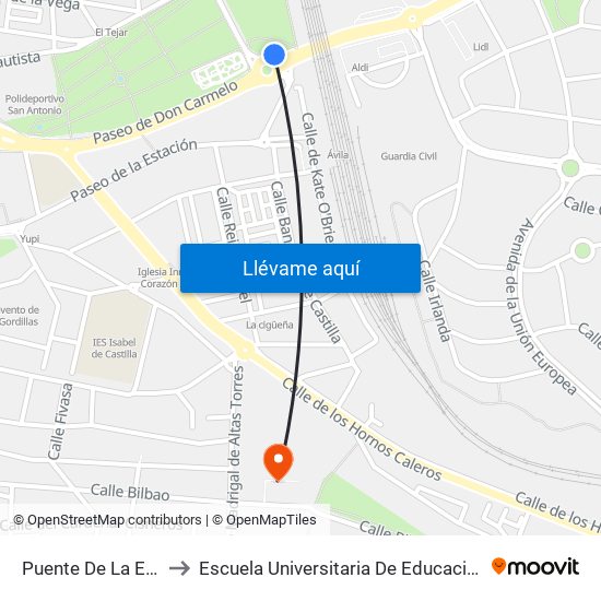 Puente De La Estación to Escuela Universitaria De Educación Y Turismo map