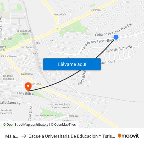 Málaga to Escuela Universitaria De Educación Y Turismo map