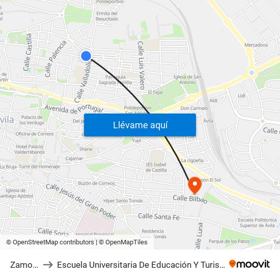 Zamora to Escuela Universitaria De Educación Y Turismo map