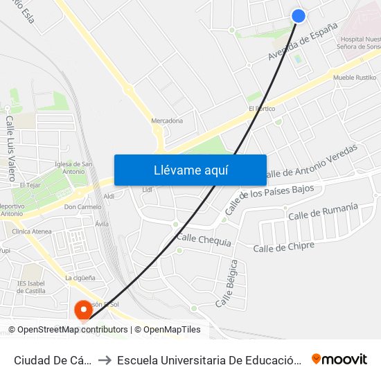 Ciudad De Cáceres to Escuela Universitaria De Educación Y Turismo map