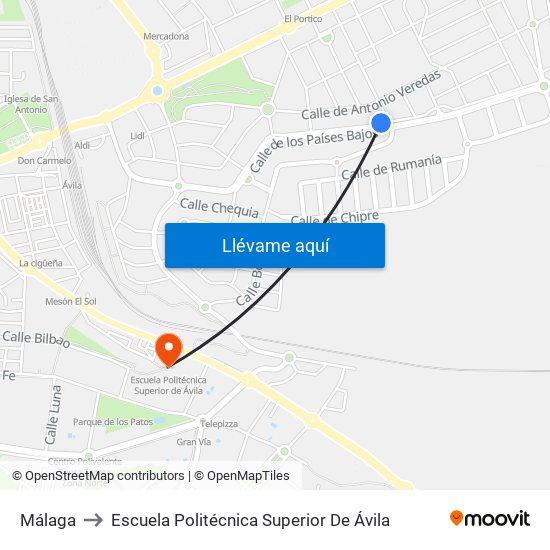 Málaga to Escuela Politécnica Superior De Ávila map