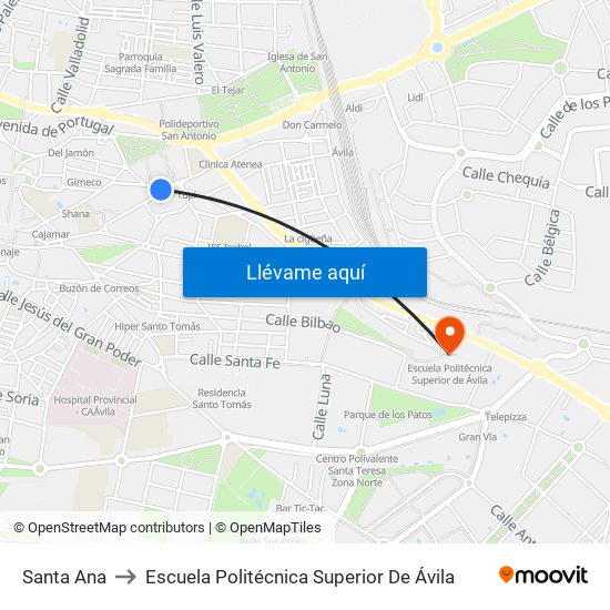 Santa Ana to Escuela Politécnica Superior De Ávila map