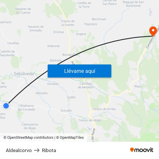 Aldealcorvo to Ribota map