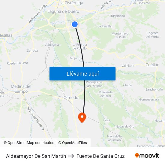 Aldeamayor De San Martín to Fuente De Santa Cruz map