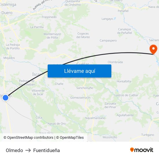 Olmedo to Fuentidueña map
