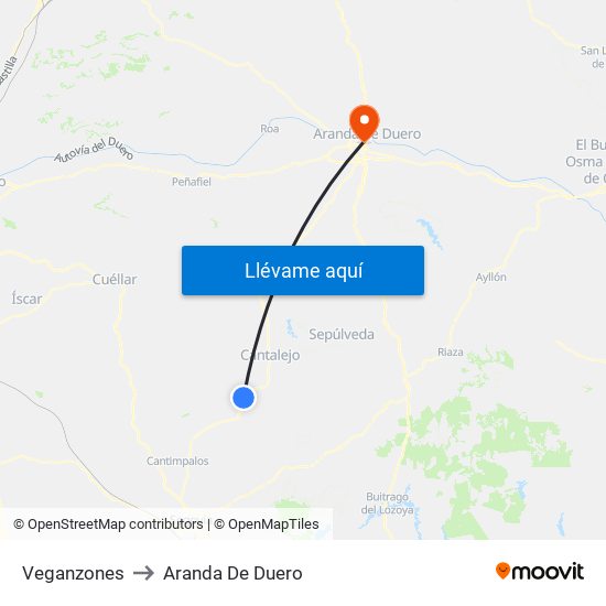 Veganzones to Aranda De Duero map