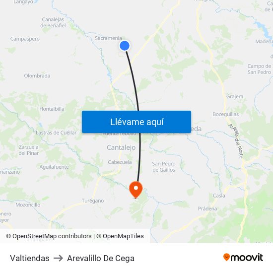 Valtiendas to Arevalillo De Cega map