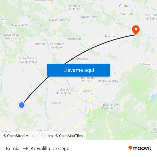 Bercial to Arevalillo De Cega map