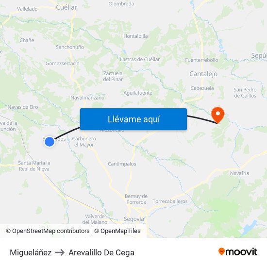 Migueláñez to Arevalillo De Cega map