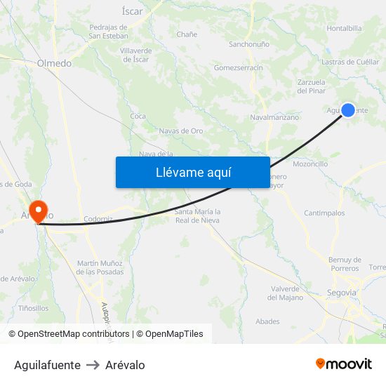 Aguilafuente to Arévalo map